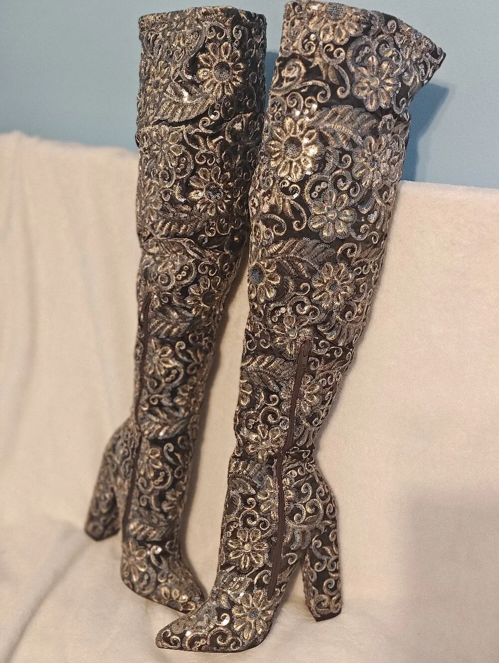 Womens Over-the-Knee Embroidered Floral Boots - Black and Gold